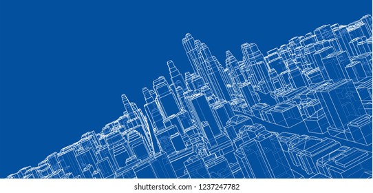 Wire-frame City, Blueprint Style. 3D Rendering Vector Illustration. Architecture Design Background