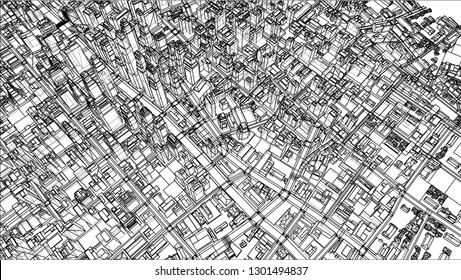 Wire-frame City, Blueprint Style. 3D Rendering Vector Illustration. Architecture Design Background