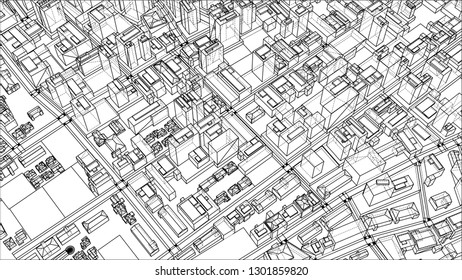 Wire-frame City, Blueprint Style. 3D Rendering Vector Illustration. Architecture Design Background