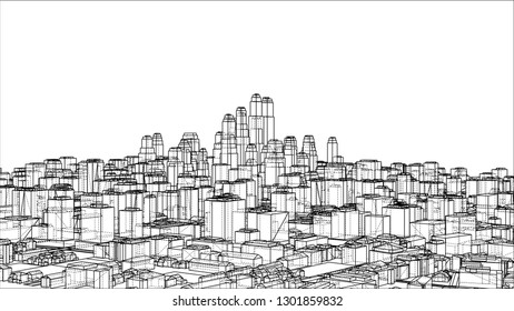 Wire-frame City, Blueprint Style. 3D Rendering Vector Illustration. Architecture Design Background