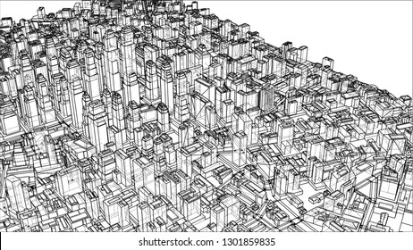 Wire-frame City, Blueprint Style. 3D Rendering Vector Illustration. Architecture Design Background