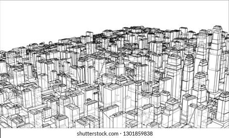 Wire-frame City, Blueprint Style. 3D Rendering Vector Illustration. Architecture Design Background