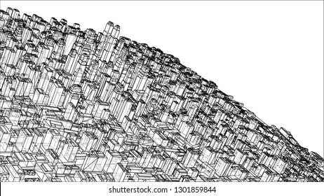 Wire-frame City, Blueprint Style. 3D Rendering Vector Illustration. Architecture Design Background