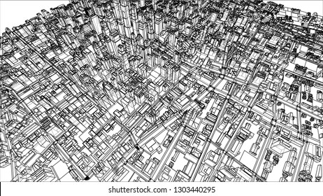 Wire-frame City, Blueprint Style. 3D Rendering Vector Illustration. Architecture Design Background
