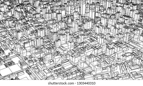 Wire-frame City, Blueprint Style. 3D Rendering Vector Illustration. Architecture Design Background