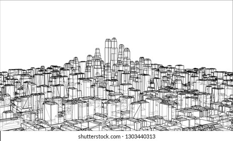 Wire-frame City, Blueprint Style. 3D Rendering Vector Illustration. Architecture Design Background