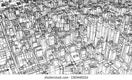 Wire-frame City, Blueprint Style. 3D Rendering Vector Illustration. Architecture Design Background