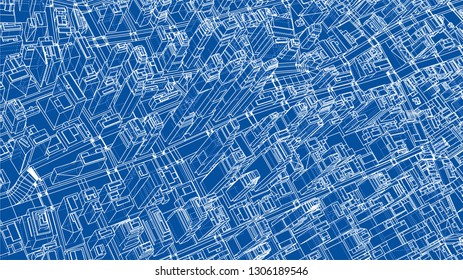 Wire-frame City, Blueprint Style. 3D Rendering Vector Illustration. Architecture Design Background