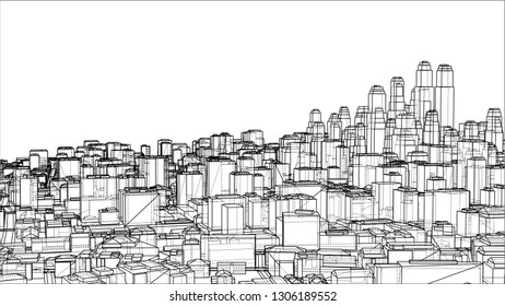 Wire-frame City, Blueprint Style. 3D Rendering Vector Illustration. Architecture Design Background
