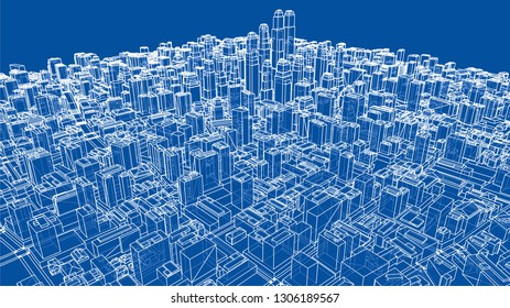 Wire-frame City, Blueprint Style. 3D Rendering Vector Illustration. Architecture Design Background