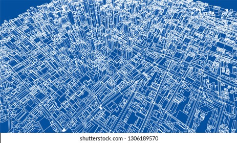 Wire-frame City, Blueprint Style. 3D Rendering Vector Illustration. Architecture Design Background