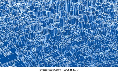 Wire-frame City, Blueprint Style. 3D Rendering Vector Illustration. Architecture Design Background
