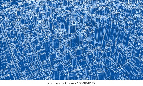 Wire-frame City, Blueprint Style. 3D Rendering Vector Illustration. Architecture Design Background
