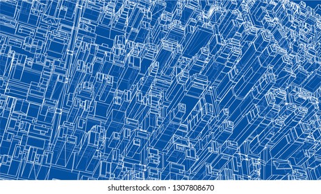 Wire-frame City, Blueprint Style. 3D Rendering Vector Illustration. Architecture Design Background