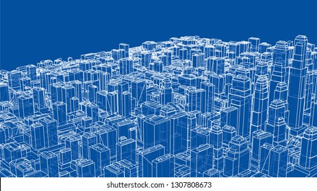 Wire-frame City, Blueprint Style. 3D Rendering Vector Illustration. Architecture Design Background