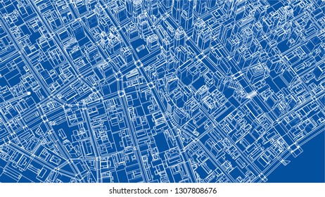 Wire-frame City, Blueprint Style. 3D Rendering Vector Illustration. Architecture Design Background