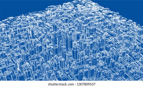 Wire-frame City, Blueprint Style. 3D Rendering Vector Illustration. Architecture Design Background