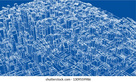 Wire-frame City, Blueprint Style. 3D Rendering Vector Illustration. Architecture Design Background