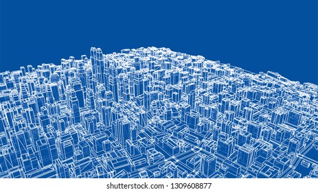 Wire-frame City, Blueprint Style. 3D Rendering Vector Illustration. Architecture Design Background