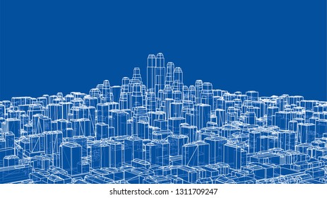 Wire-frame City, Blueprint Style. 3D Rendering Vector Illustration. Architecture Design Background