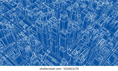 Wire-frame City, Blueprint Style. 3D Rendering Vector Illustration. Architecture Design Background