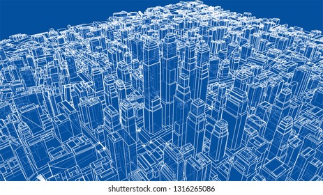 Wire-frame City, Blueprint Style. 3D Rendering Vector Illustration. Architecture Design Background
