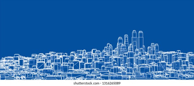 Wire-frame City, Blueprint Style. 3D Rendering Vector Illustration. Architecture Design Background