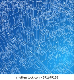 Wire-frame City, Blueprint Style. 3D Rendering Vector Illustration. Architecture Design Background