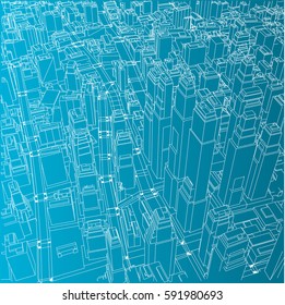 Wire-frame City, Blueprint Style. 3D Rendering Vector Illustration. Architecture Design Background