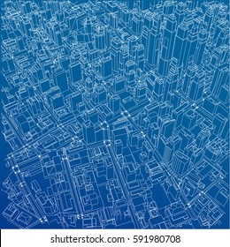 Wire-frame City, Blueprint Style. 3D Rendering Vector Illustration. Architecture Design Background