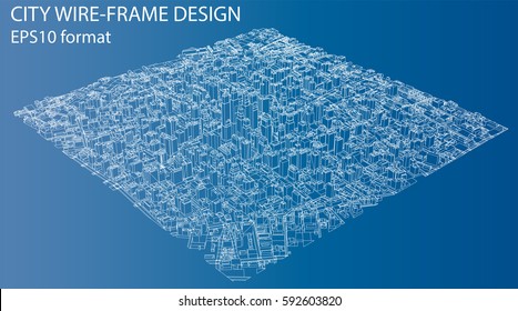 Wire-frame City, Blueprint Style. 3D Rendering Vector Illustration. Architecture Design Background