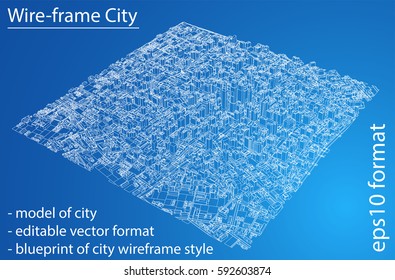 Wire-frame City, Blueprint Style. 3D Rendering Vector Illustration. Architecture Design Background