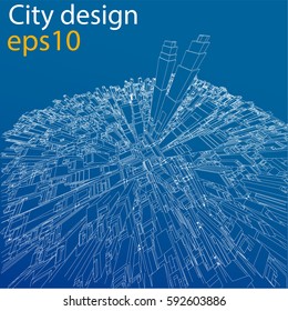 Wire-frame City, Blueprint Style. 3D Rendering Vector Illustration. Architecture Design Background