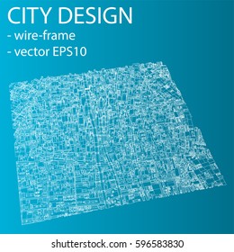 Wire-frame City, Blueprint Style. 3D Rendering Vector Illustration. Architecture Design Background