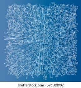 Wire-frame City, Blueprint Style. 3D Rendering Vector Illustration. Architecture Design Background
