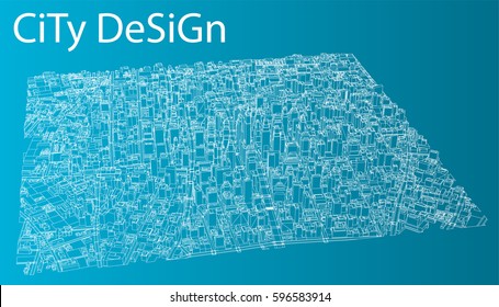 Wire-frame City, Blueprint Style. 3D Rendering Vector Illustration. Architecture Design Background