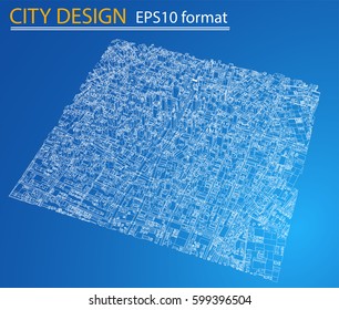 Wire-frame City, Blueprint Style. 3D Rendering Vector Illustration. Architecture Design Background