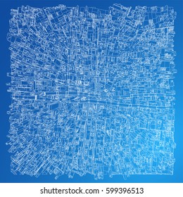 Wire-frame City, Blueprint Style. 3D Rendering Vector Illustration. Architecture Design Background