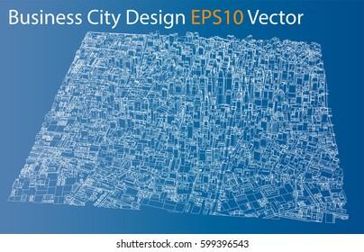 Wire-frame City, Blueprint Style. 3D Rendering Vector Illustration. Architecture Design Background