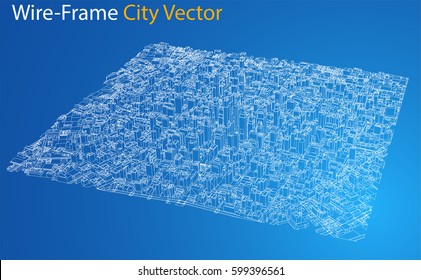 Wire-frame City, Blueprint Style. 3D Rendering Vector Illustration. Architecture Design Background
