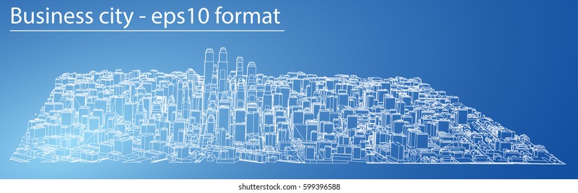 Wire-frame City, Blueprint Style. 3D Rendering Vector Illustration. Architecture Design Background