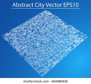 Wire-frame City, Blueprint Style. 3D Rendering Vector Illustration. Architecture Design Background