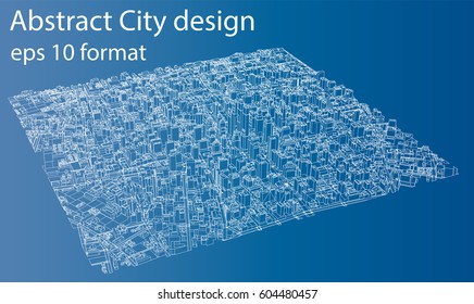 Wire-frame City, Blueprint Style. 3D Rendering Vector Illustration. Architecture Design Background