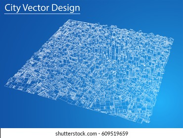 Wire-frame City, Blueprint Style. 3D Rendering Vector Illustration. Architecture Design Background