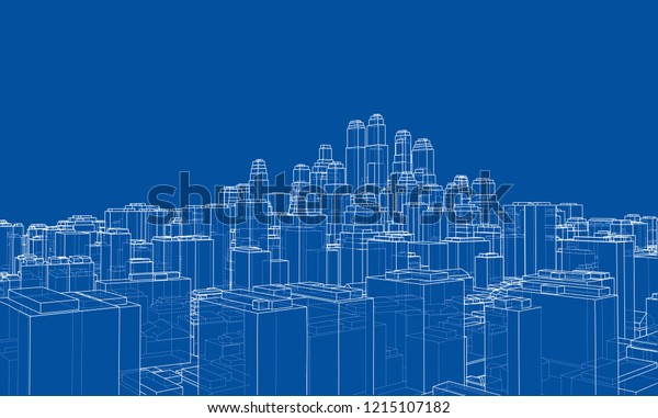 Wireframe City Blueprint Style 3d Rendering Stock Vector (Royalty Free ...