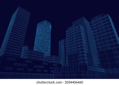 Wireframe city with skyscrapers from blue lines isolated on dark background. 3D. Vector illustration