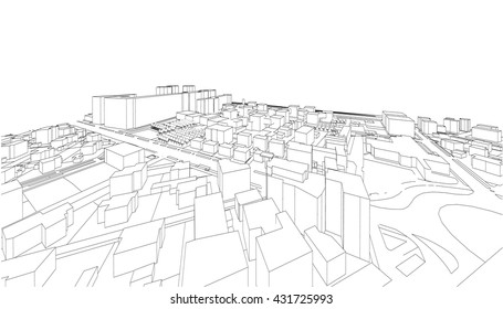 Wireframe of Cityscape, Vector Sketch. Architecture - Illustration