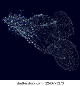 Wireframe of a collapsing motorcycle into fragments with glowing lights from blue lines isolated on a dark background. Perspective view. 3D. Vector illustration.