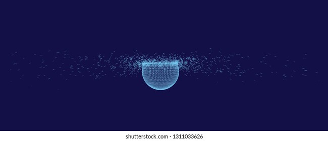 Wireframe of the collapsing sphere into small fragments. Polygonal sphere collapses. 3D. Vector illustration.