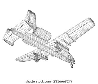 Wireframe Combat-Luftfahrzeuge einzeln auf weißem Hintergrund. Modernes Kampfflugzeug. Stilvolles Bild eines Kampfflugzeugs auf weißem Hintergrund. Vektorbild für Drucke, Poster und Illustrationen. 3D..